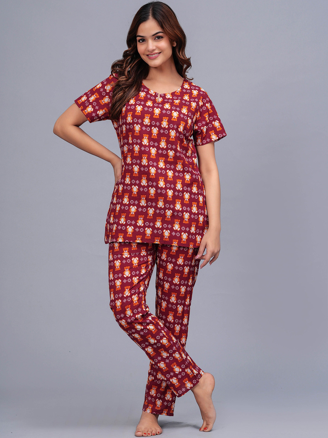 

Bachuu Women Graphical Teddy Bear Night Suits, Maroon