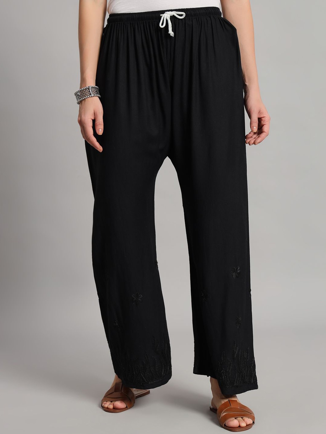 

Fashionable Chikan Handikraft Women Tailored Relaxed Fit Trousers, Black