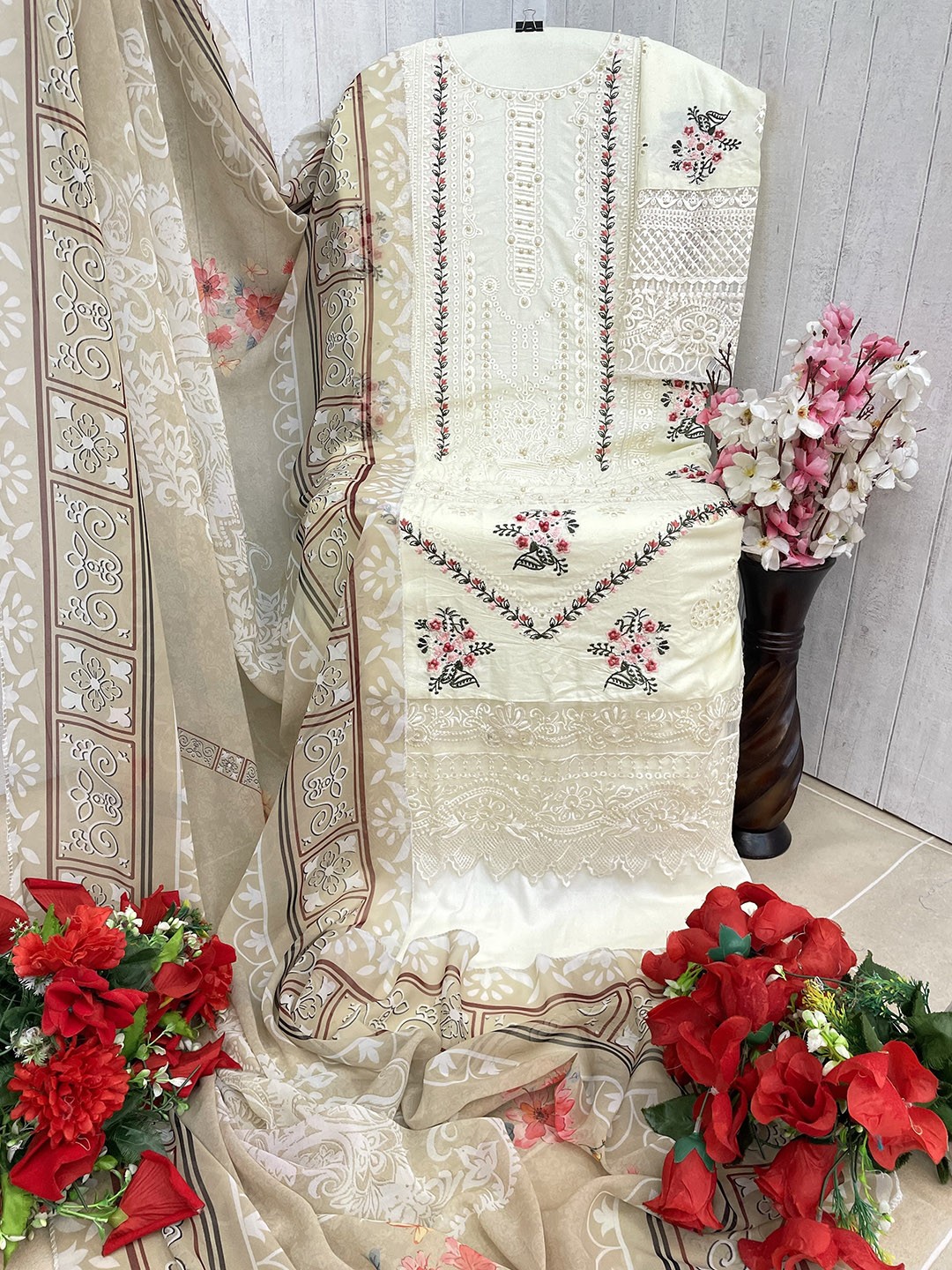 

ANAMSA Embroidered Viscose Rayon Semi-Stitched Dress Material, White