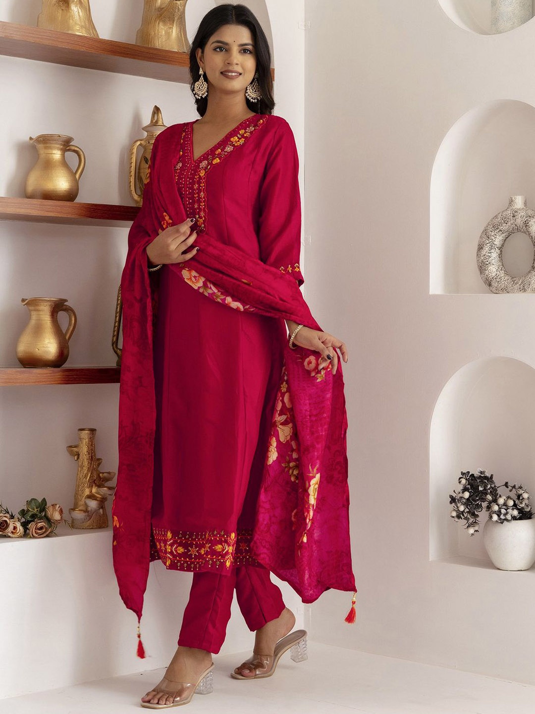 

VredeVogel Embroidered Yoke Design Panelled Silk Anarkali Kurta With Trousers & Dupatta, Red