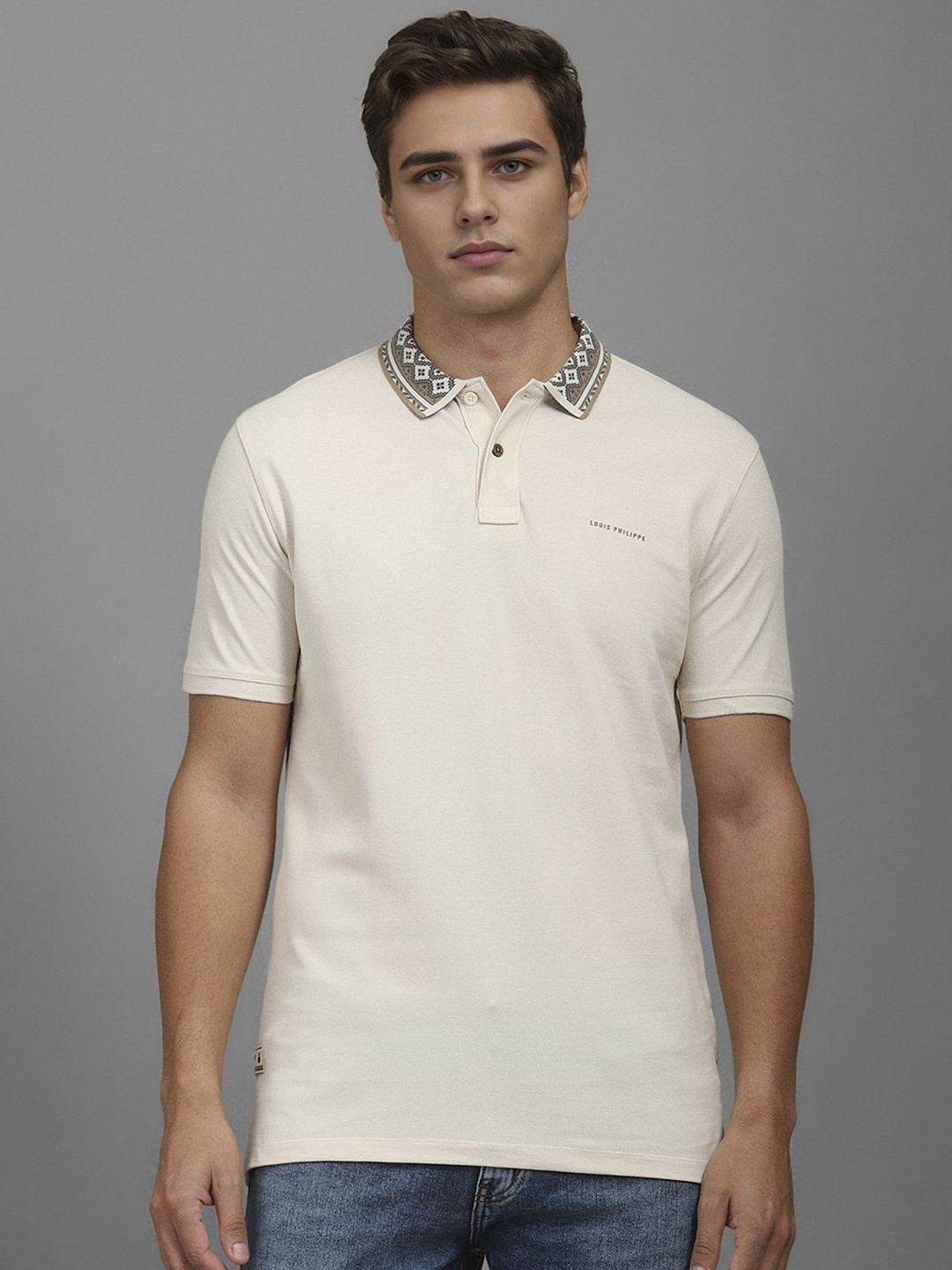 

Louis Philippe Jeans Men Solid Polo Collar Cotton T-shirt, Beige