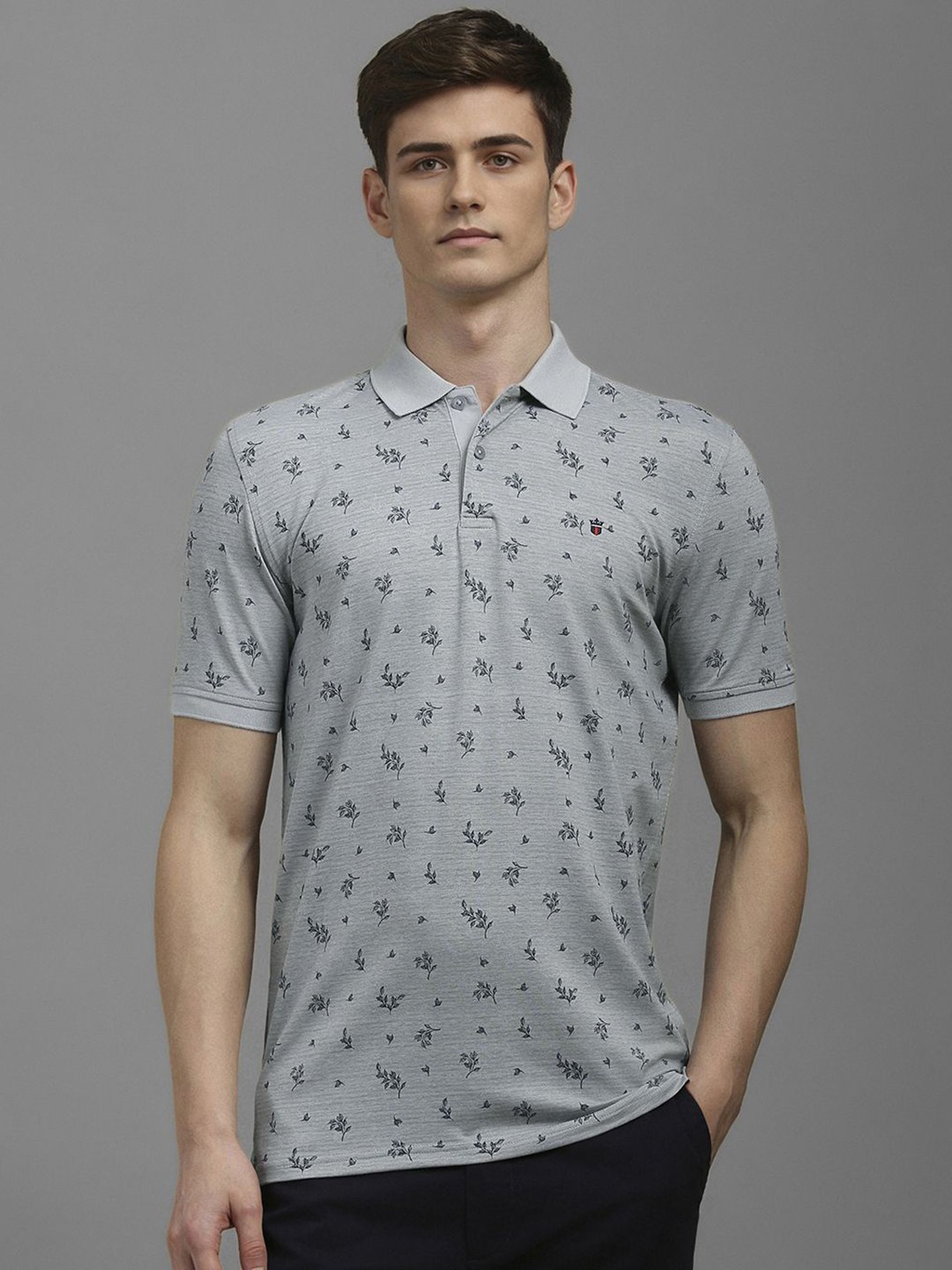 

Louis Philippe Sport Men Floral Printed Polo Collar Slim Fit Casual T-shirt, Grey