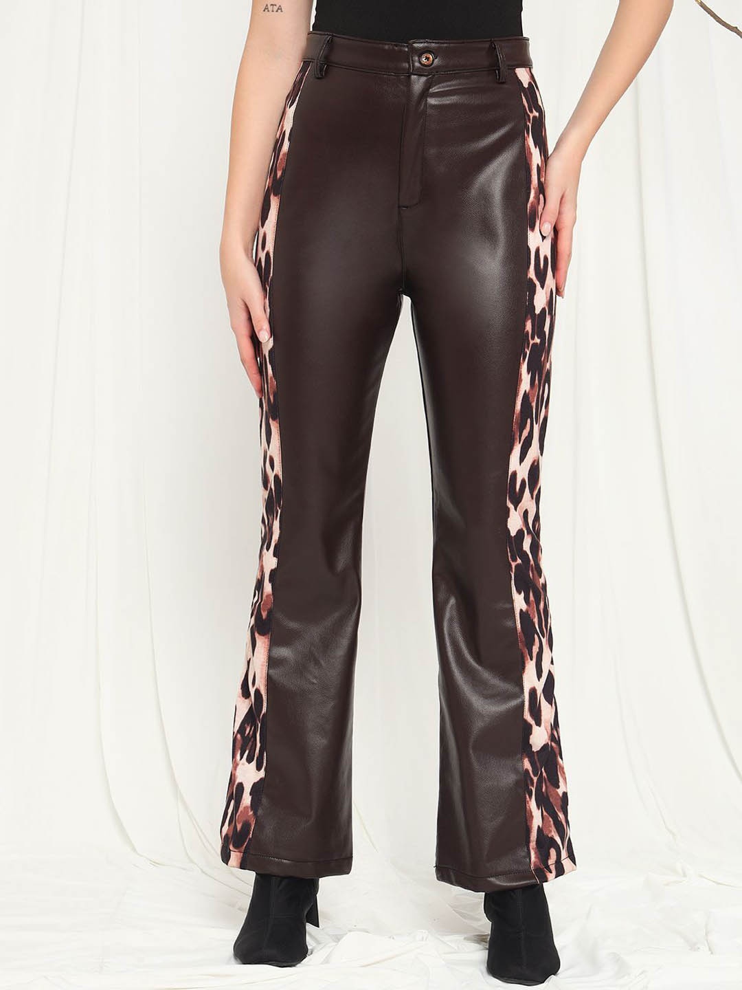

BAESD Women Original Printed Regular Fit Mid-Rise Leather Parallel Trouser, Brown