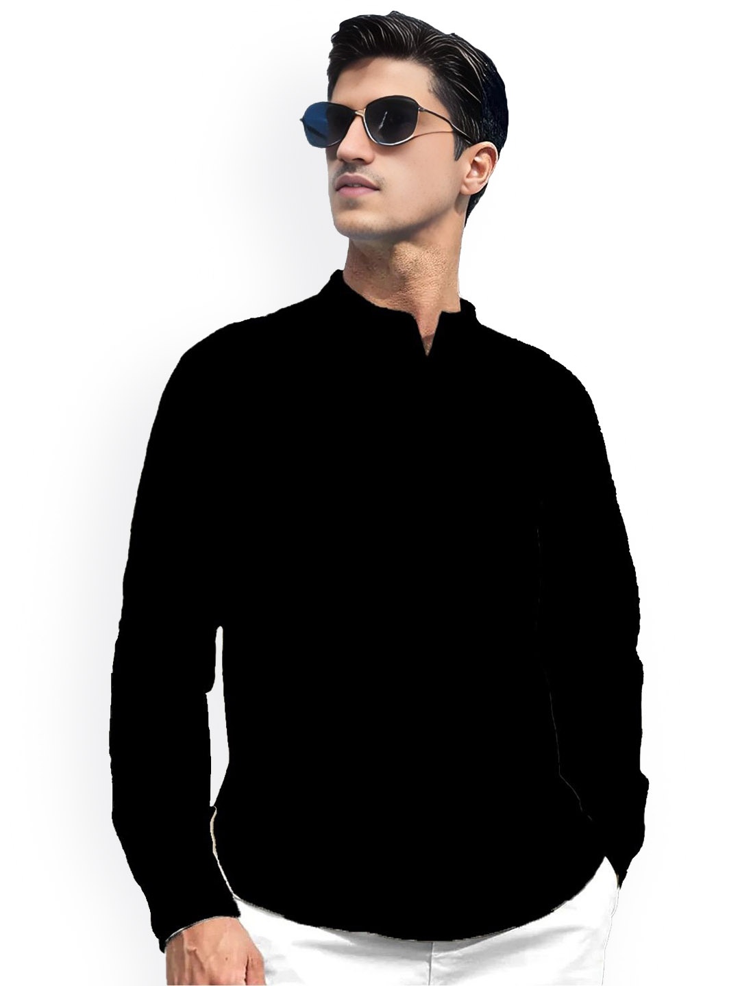 

EdinWolf Band Collar Roll-Up Sleeves Slim Fit Cotton Short Kurta, Black