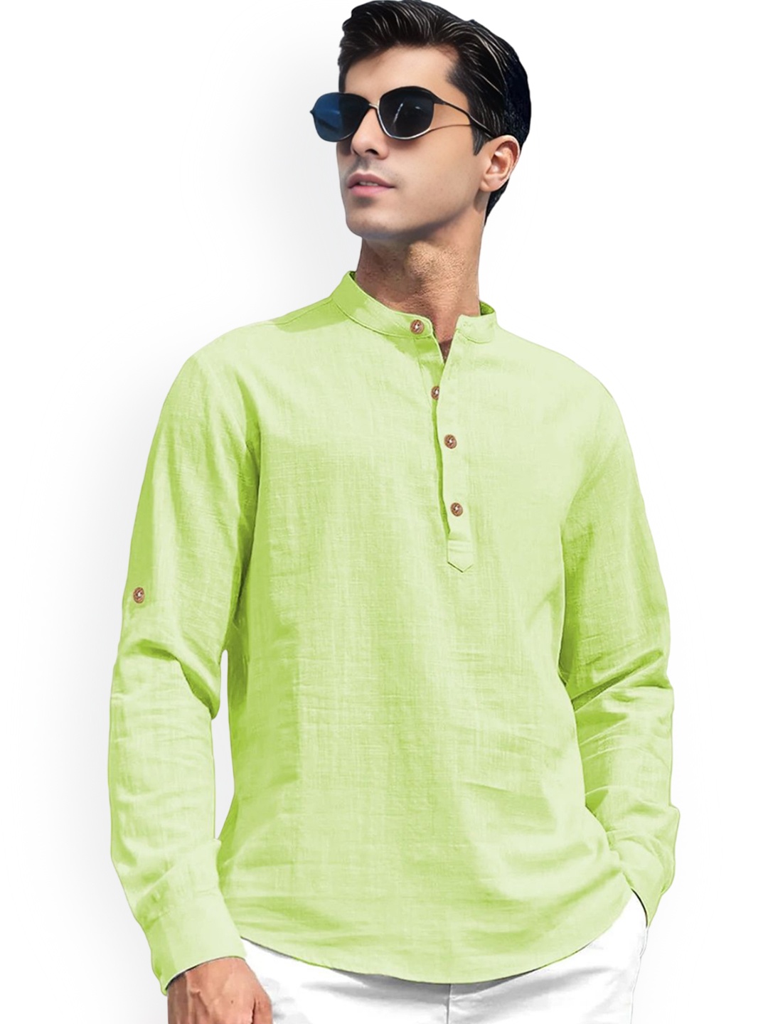

EdinWolf Band Collar Cotton Short Kurta, Sea green