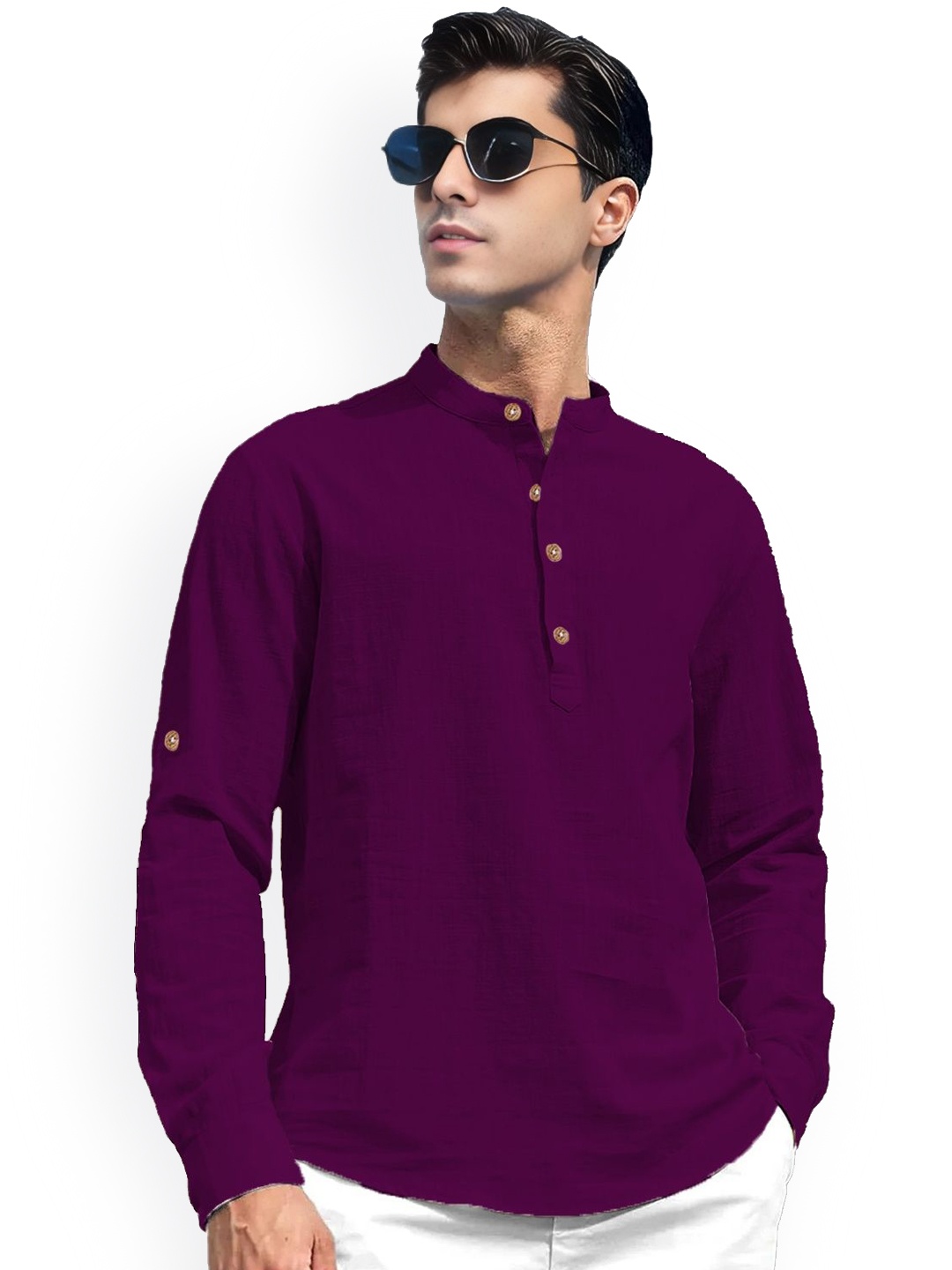 

EdinWolf Band Collar Pure Cotton Short Kurta, Purple