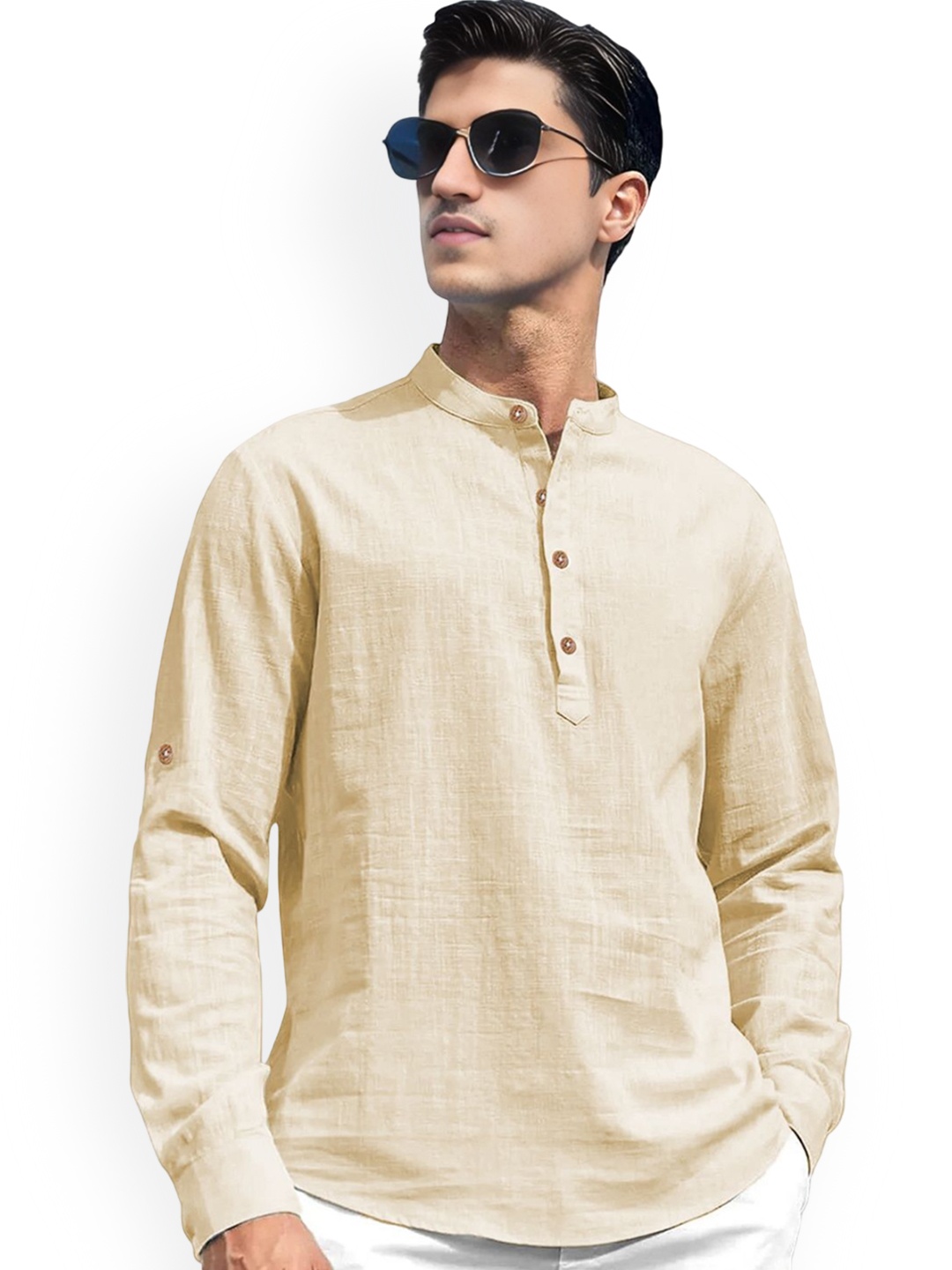 

EdinWolf Band Collar Roll-Up Sleeves Slim Fit Cotton Short Kurta, Beige