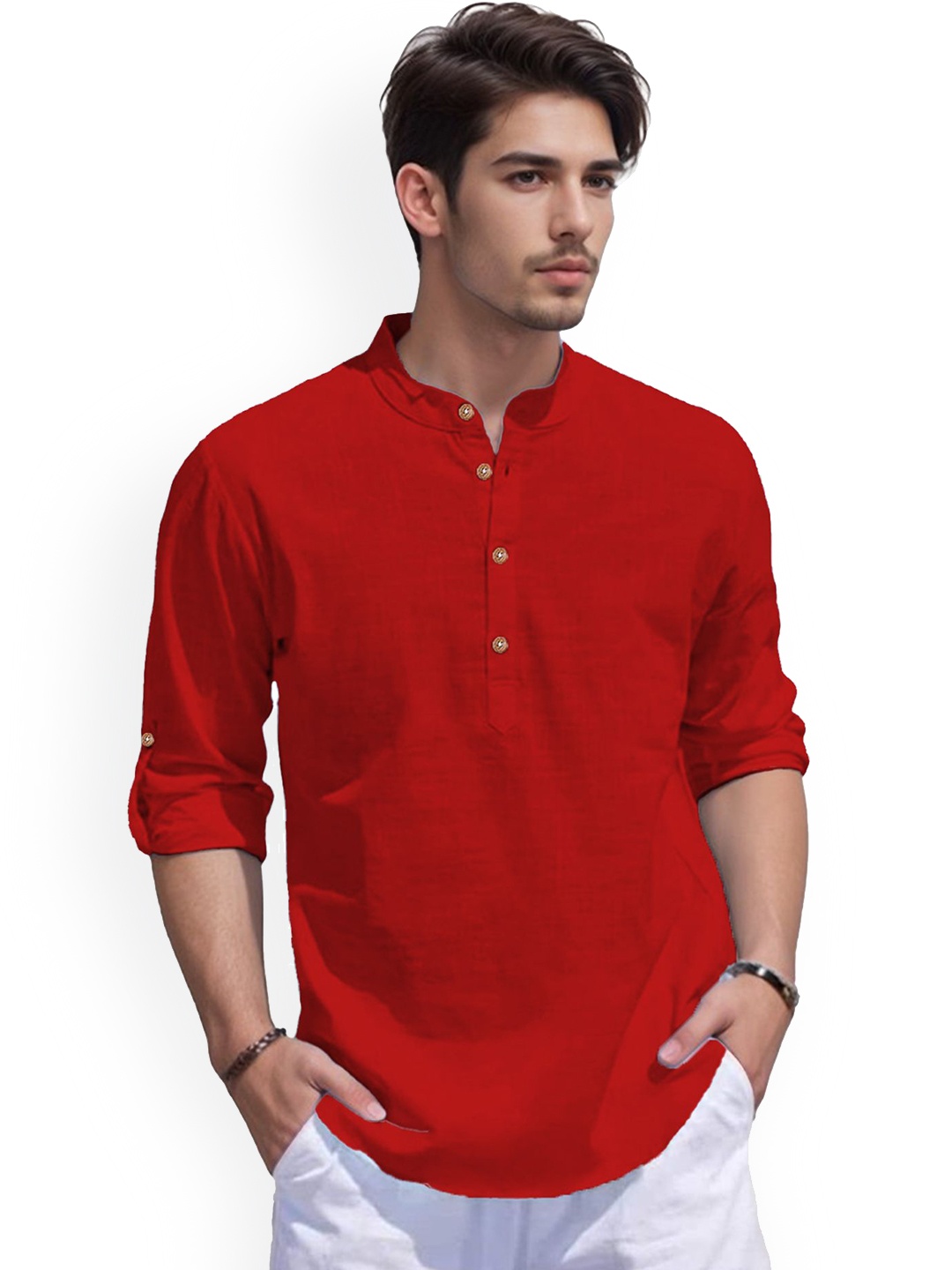 

EdinWolf Band Collar Roll-Up Sleeves Pure Cotton Slim Fit Straight Short Kurta, Red