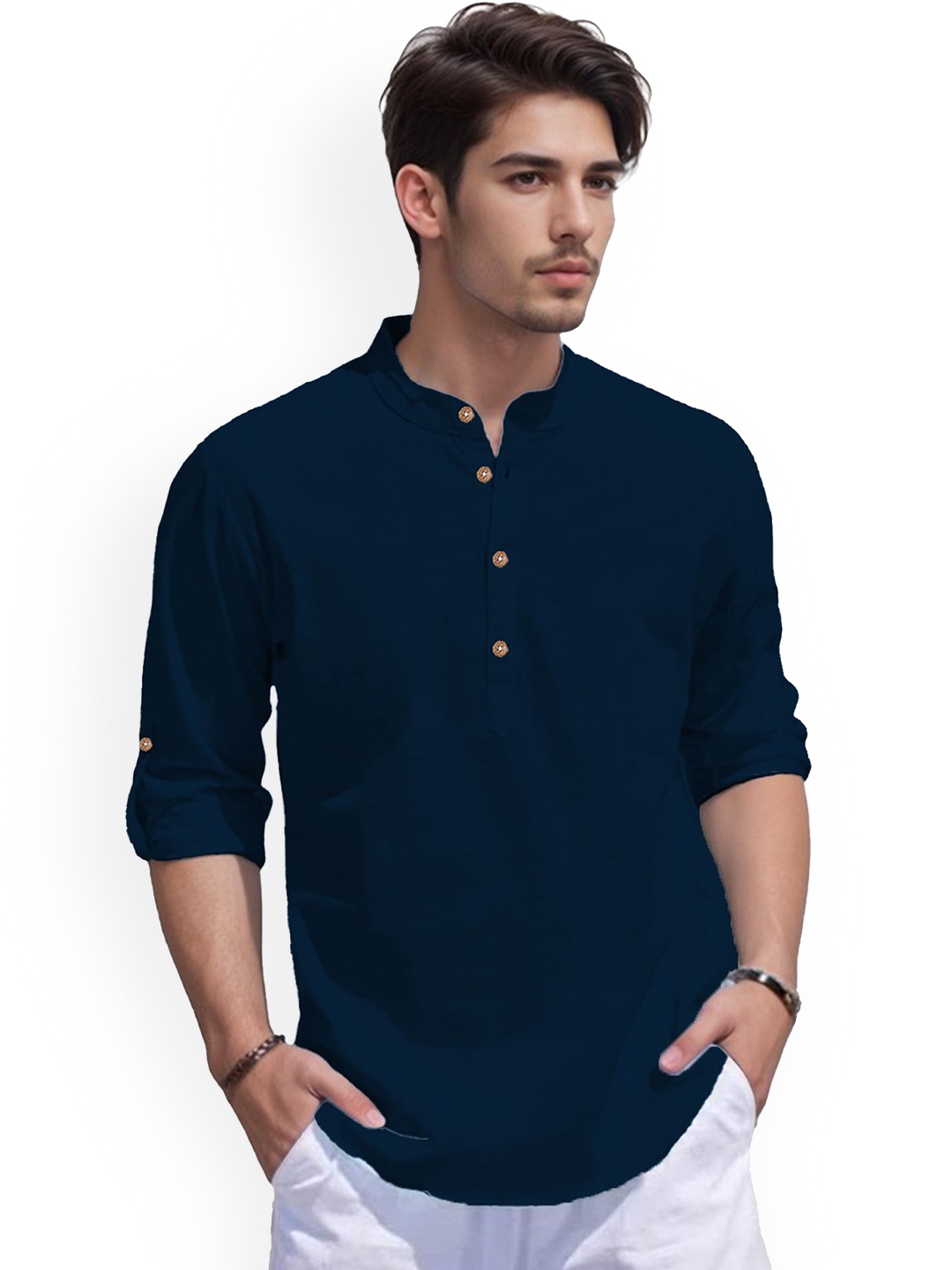 

EdinWolf Band Collar Cotton Short Kurta, Navy blue