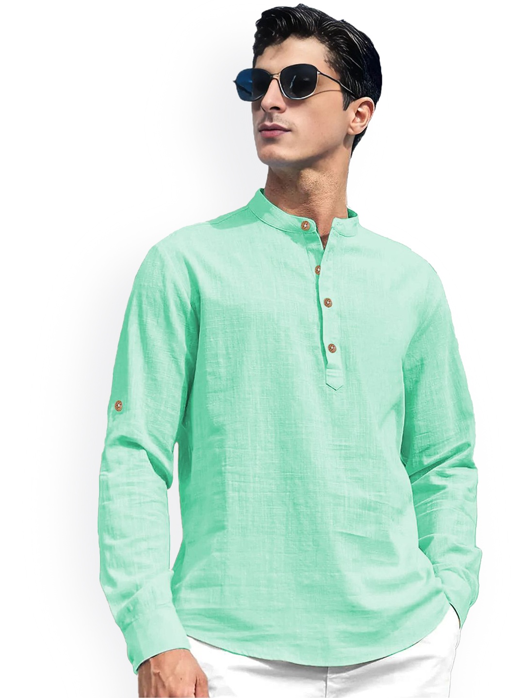 

EdinWolf Band Collar Roll-Up Sleeves Slim Fit Cotton Short Kurta, Lime green