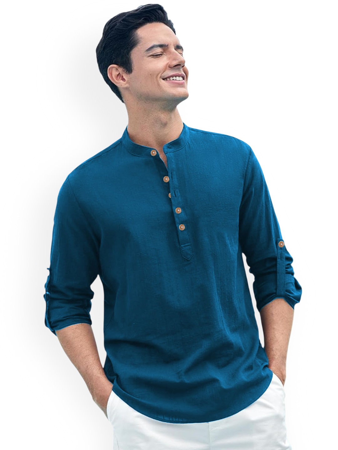 

EdinWolf Band Collar Pure Cotton Short Kurta, Blue