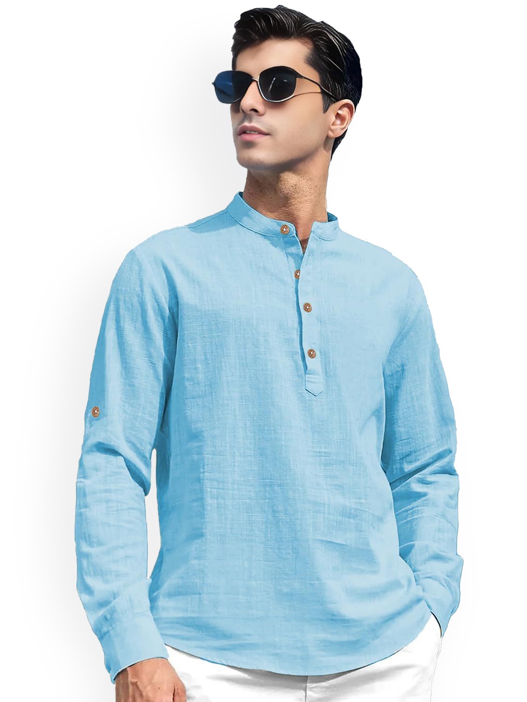 

EdinWolf Band Collar Cotton Short Kurta, Blue