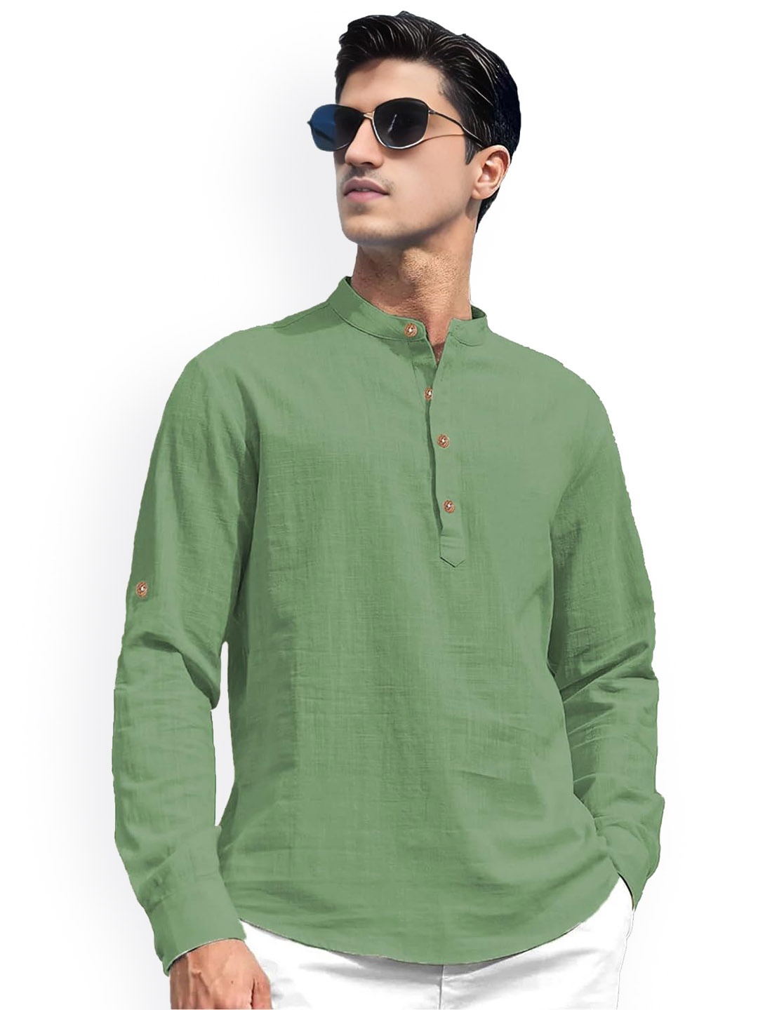 

EdinWolf Band Collar Cotton Short Kurta, Khaki