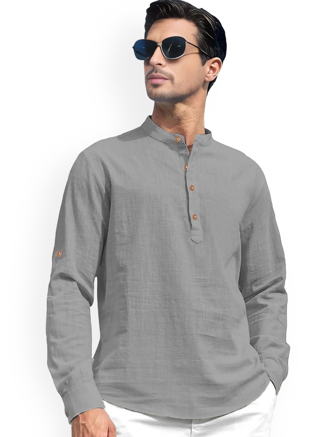 

EdinWolf Band Collar Pure Cotton Slim Fit Short Kurta, Grey