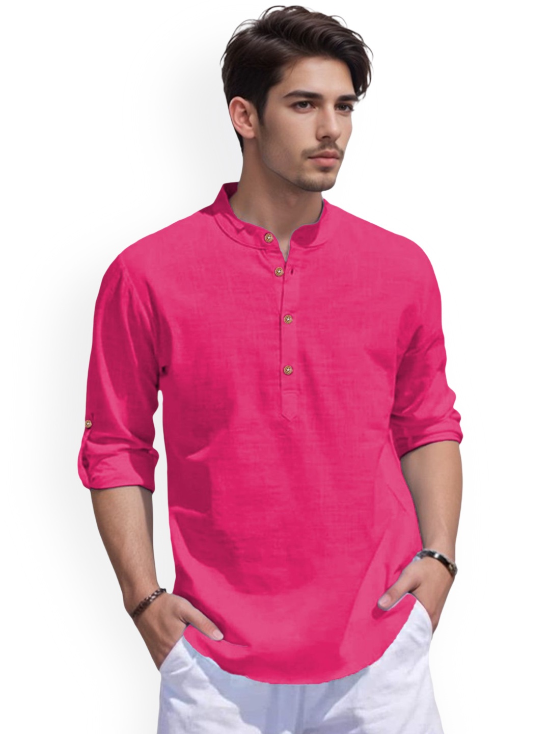 

EdinWolf Band Collar Roll-Up Sleeves Pure Cotton Slim Fit Straight Short Kurta, Pink