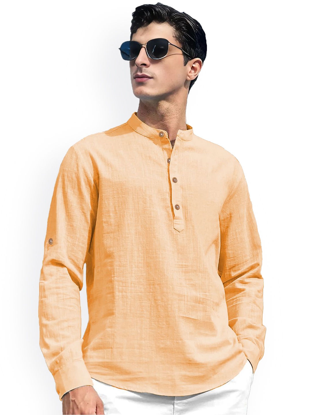 

EdinWolf Mandarin Collar Roll-Up Sleeves Slim Fit Cotton Short Kurta, Orange