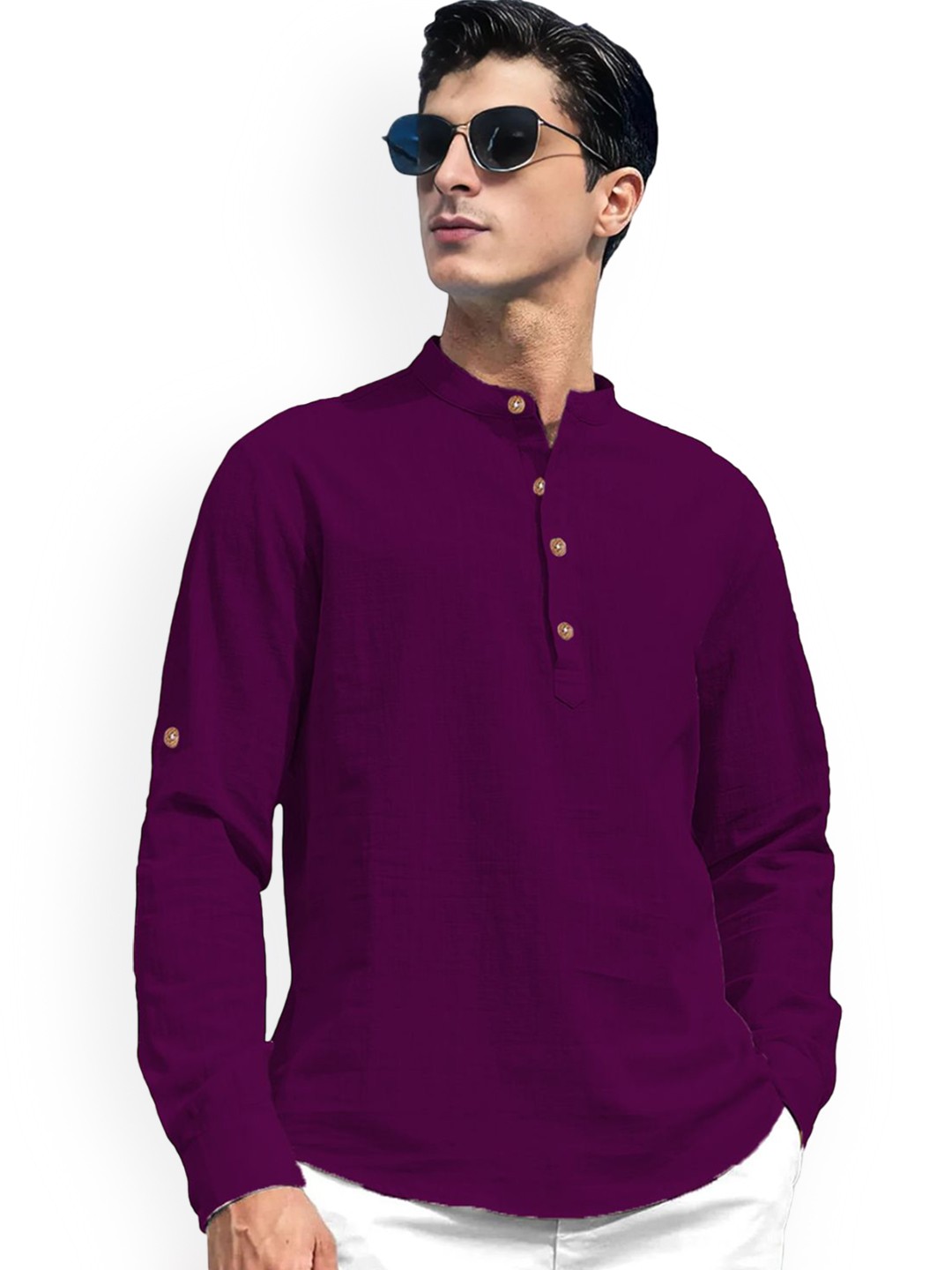 

EdinWolf Band Collar Pure Cotton Slim Fit Short Kurta, Burgundy