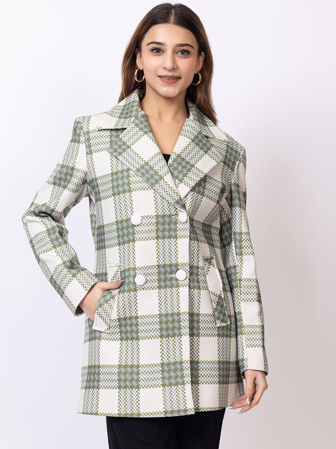 

GEE 5 Women Checked Double Breasted Overcoat, White