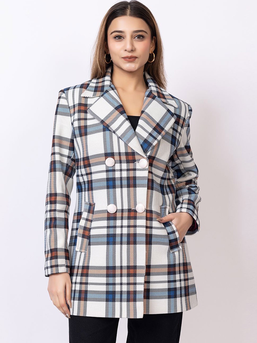 

GEE 5 Women Checked Double Breasted Overcoat, White