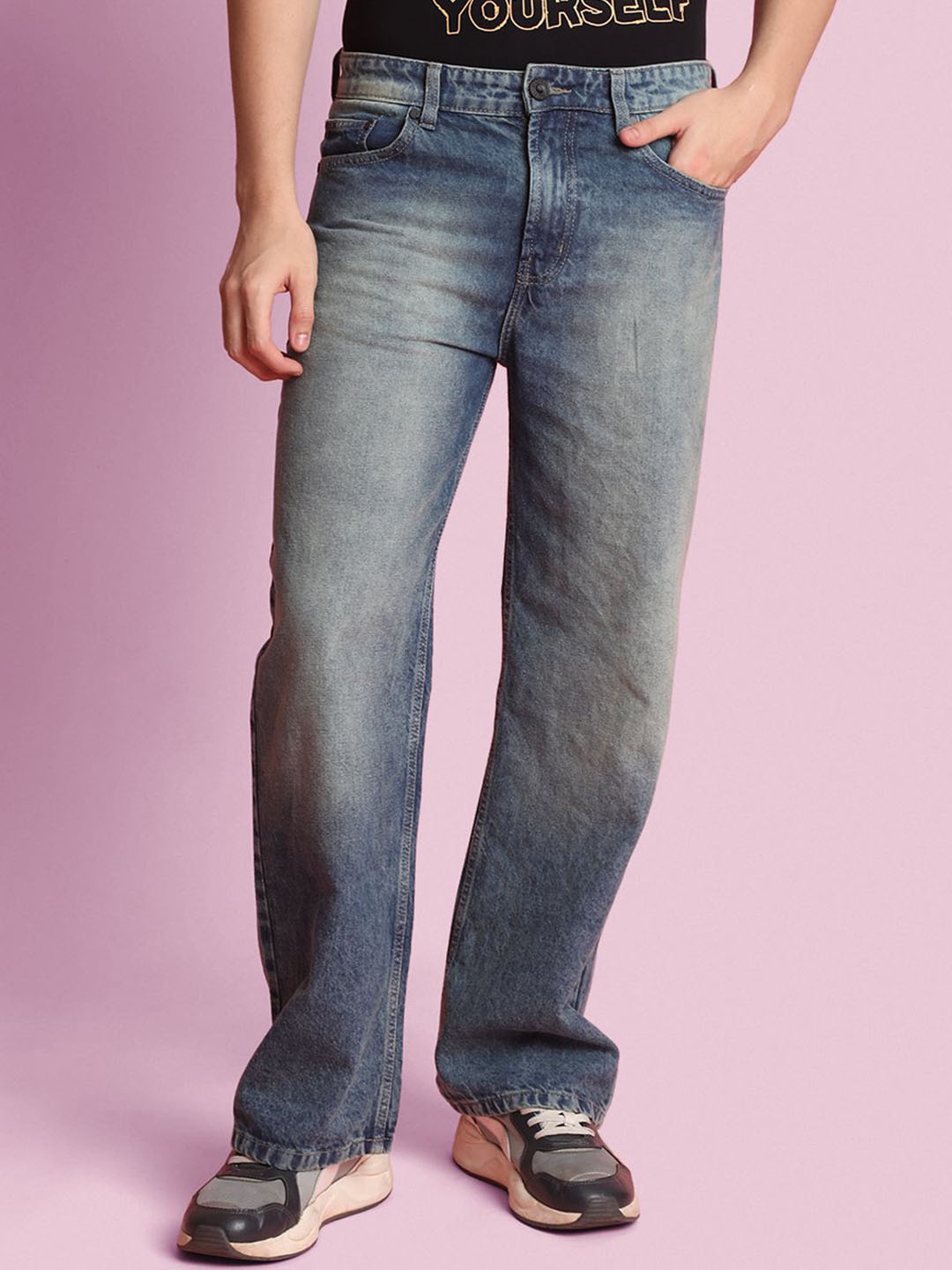 

Bene Kleed Men Wide Leg Mid-Rise Light Fade Pure Cotton Jeans, Blue