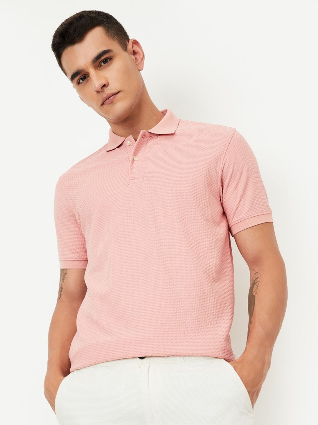 

max Men Solid Polo Collar T-shirt, Peach