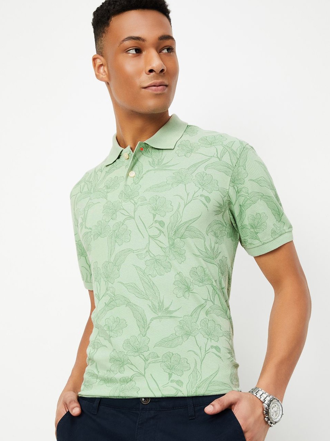 

max Men Floral Printed Polo Collar Cotton T-shirt, Green