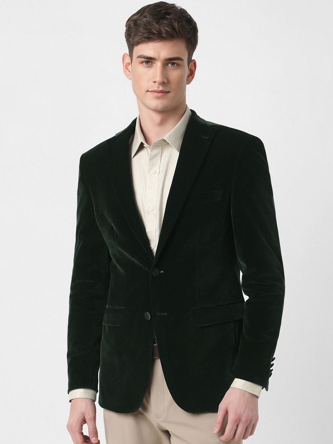 

Peter England Elite Slim-Fit Single Breasted Velvet Formal Blazer, Green