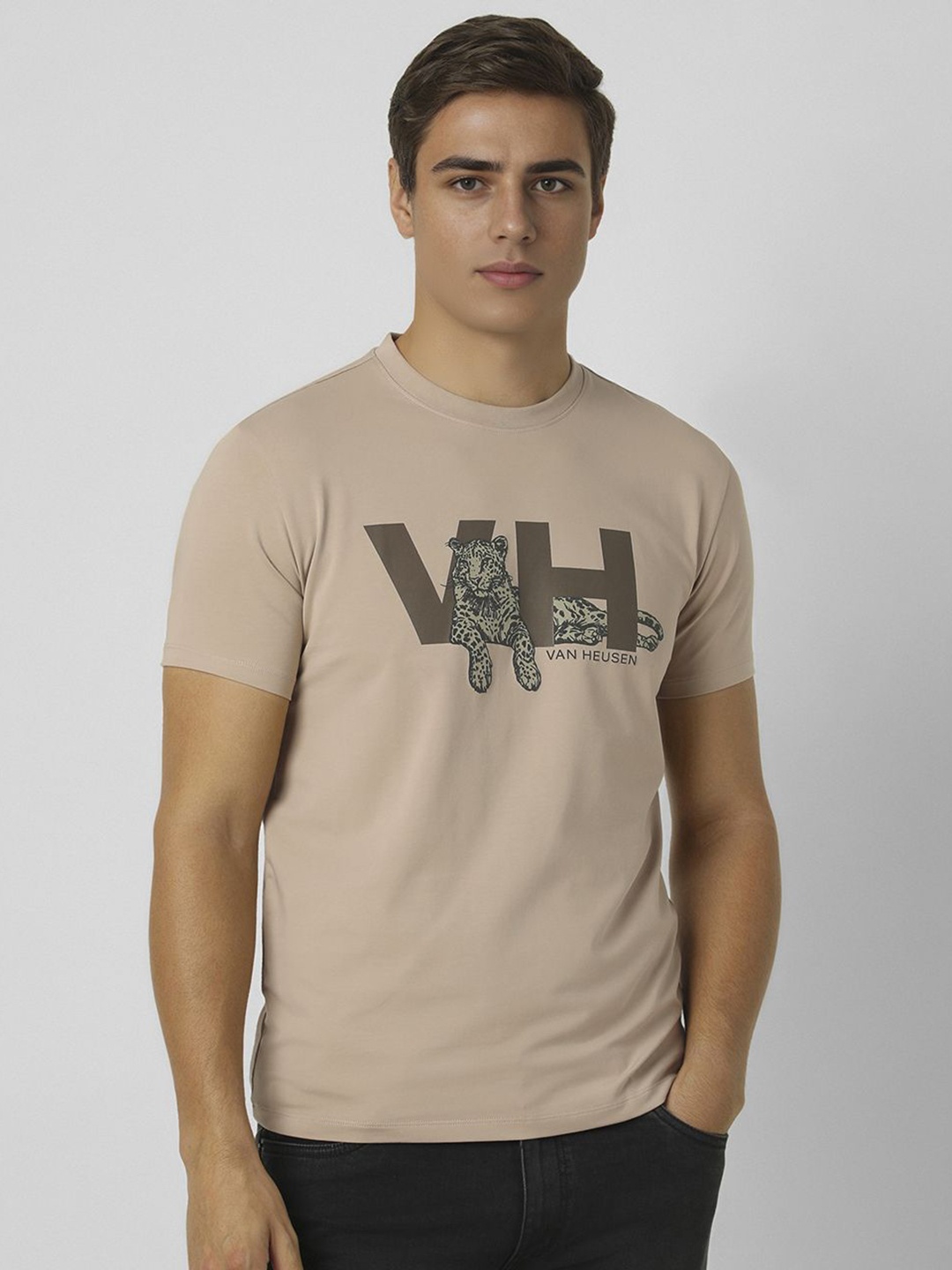 

V Dot Men Graphic Printed Round Neck Cotton T-shirt, Beige