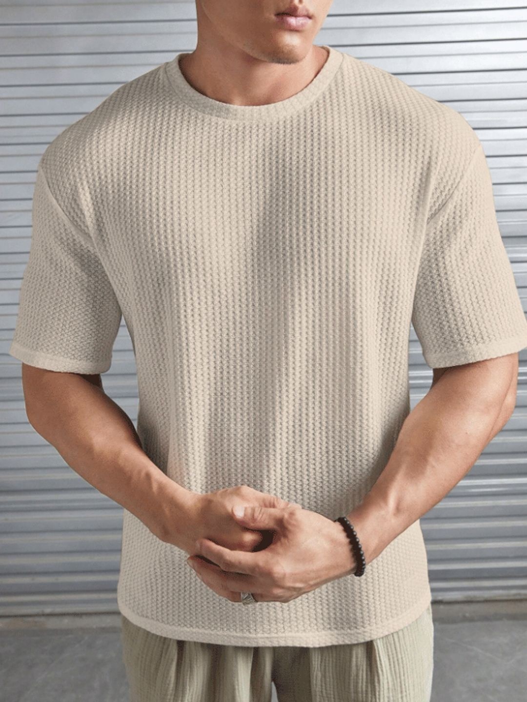

madfrog Men Self Design Round Neck Relaxed Fit T-shirt, Beige