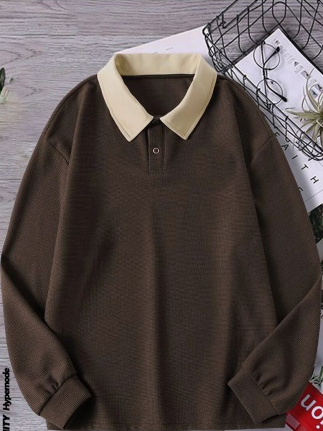 

AVEJO Men Solid Polo Collar Pure Cotton Oversized T-shirt, Coffee brown