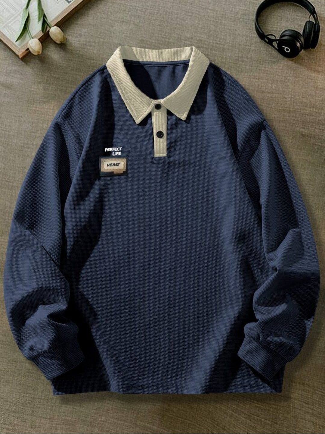 

AVEJO Men Self Design Polo Collar Pure Cotton Oversized T-shirt, Navy blue