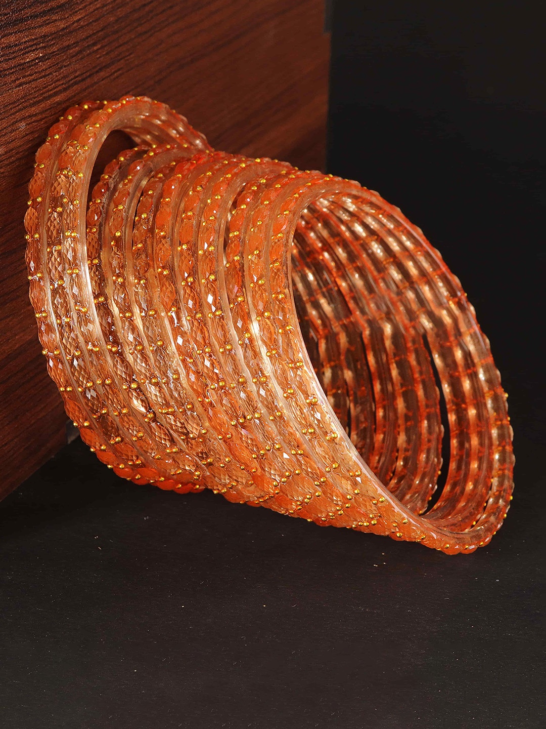 

LAVAZZA Set Of 12 Raindrop Glass Crystals & Zircon Diamond Beaded Bangles, Peach