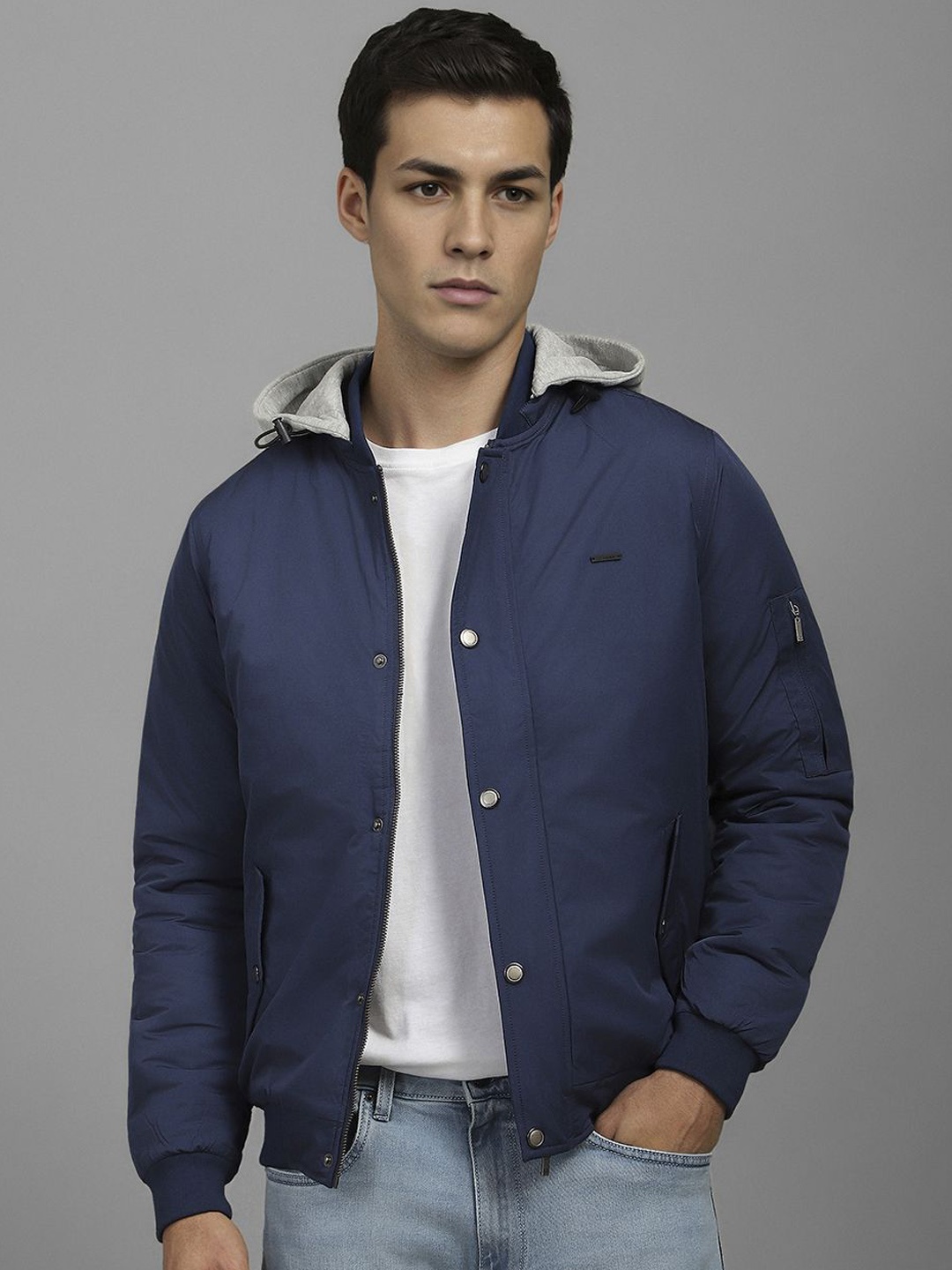

Louis Philippe Jeans Men Hooded Solid Cotton Casual Bomber Jacket, Navy blue