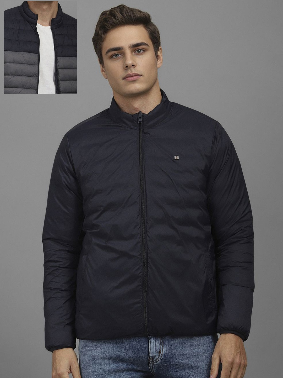 

Louis Philippe Sport Men Colourblocked Solid Cotton Reversible Puffer Jacket, Navy blue