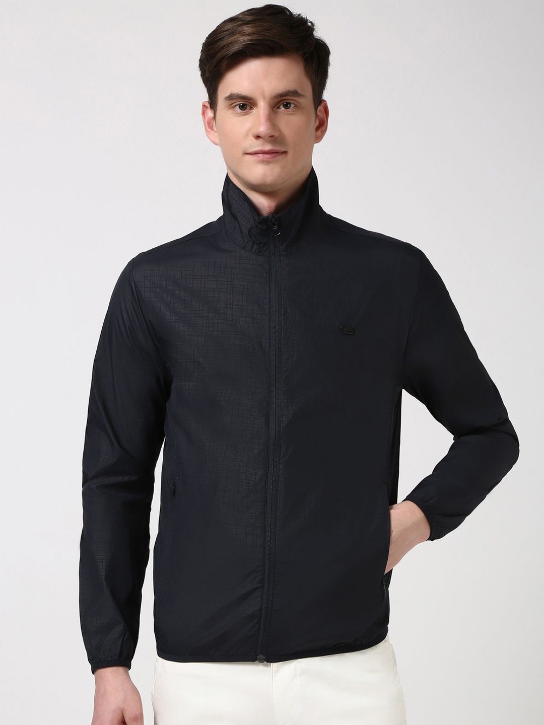 

Peter England Casuals Men Mock Collar Geometric Printed Casual Tailored Jacket, Navy blue