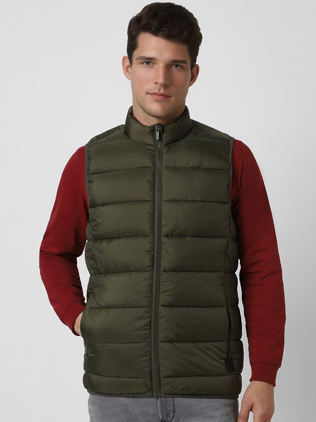 

Peter England Casuals Men Mock Collar Solid Casual Puffer Jacket, Olive