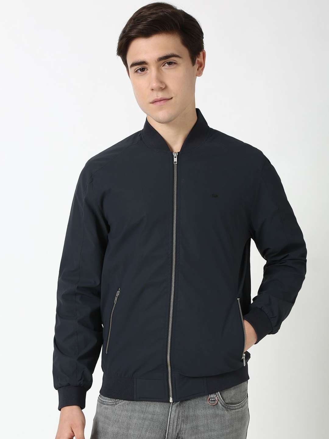 

Peter England Casuals Men Stand Collar Solid Casual Bomber Jacket, Navy blue