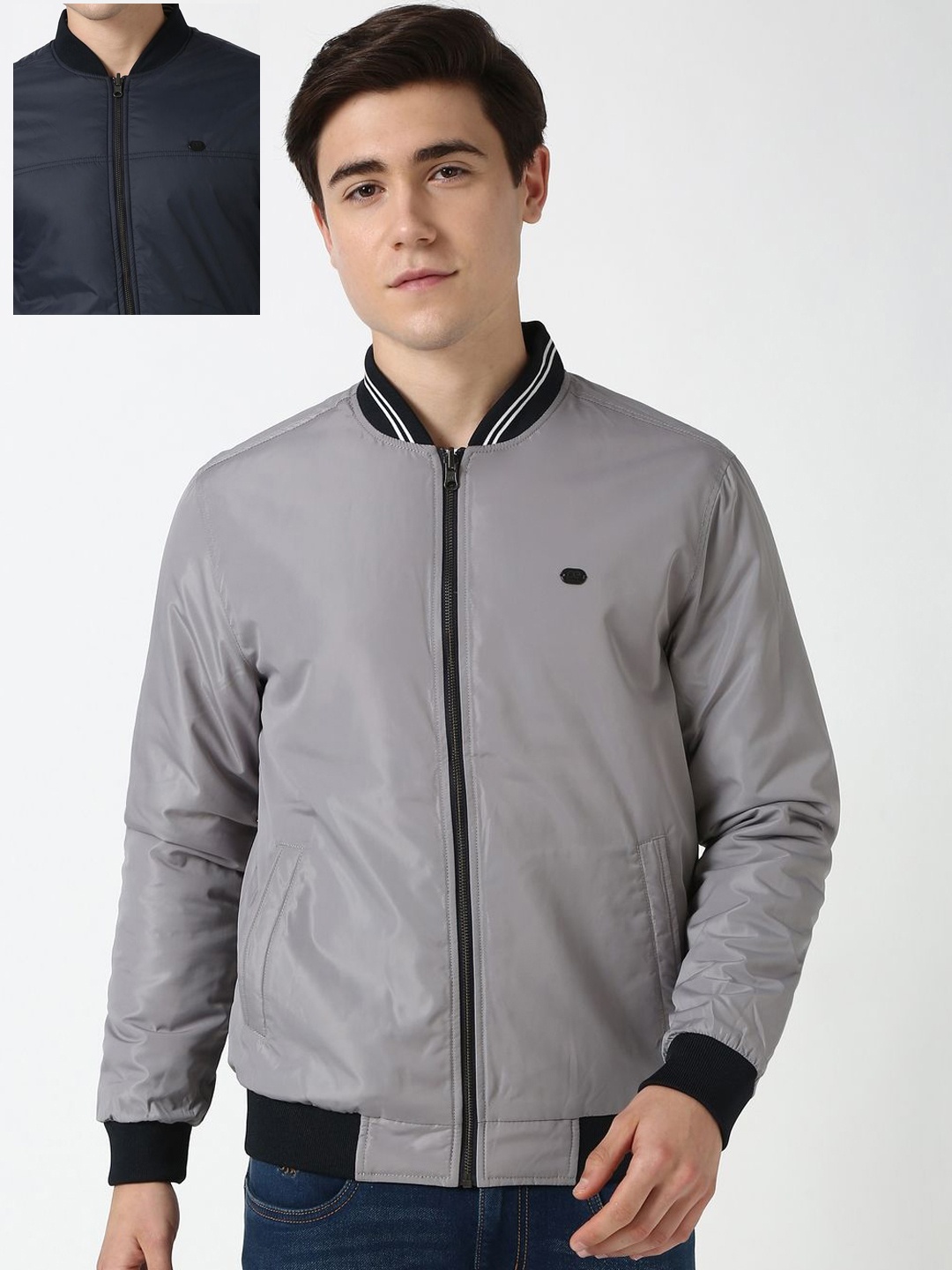 

Peter England Casuals Men Stand Collar Solid Casual Reversible Bomber Jacket, Grey