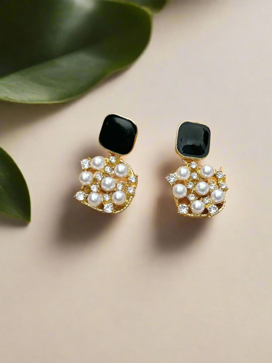 

styledose Stainless Steel Pearls Studded Contemporary Drop Earrings, Black