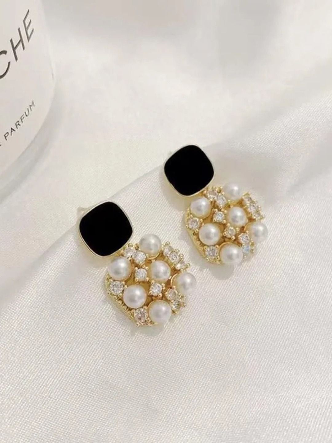 

styledose Gold-Plated Pearls Studded Square Drop Earrings, Black