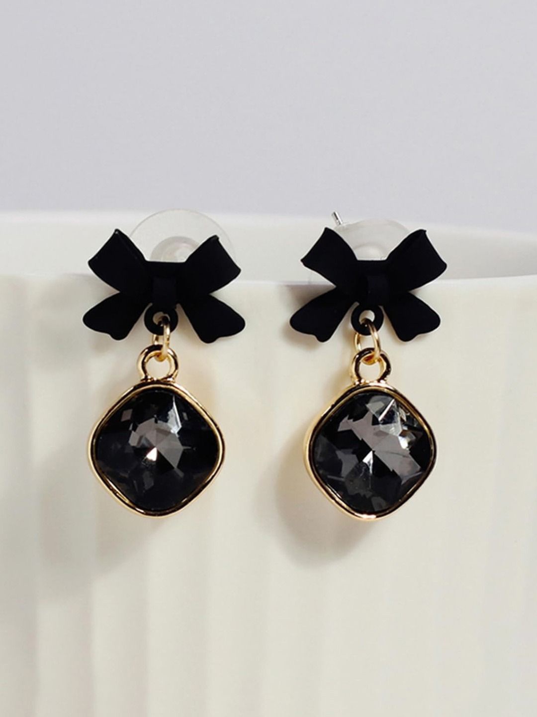 

styledose Stainless Steel Artificial Stones Studded Contemporary Shaped Drop Earrings, Black
