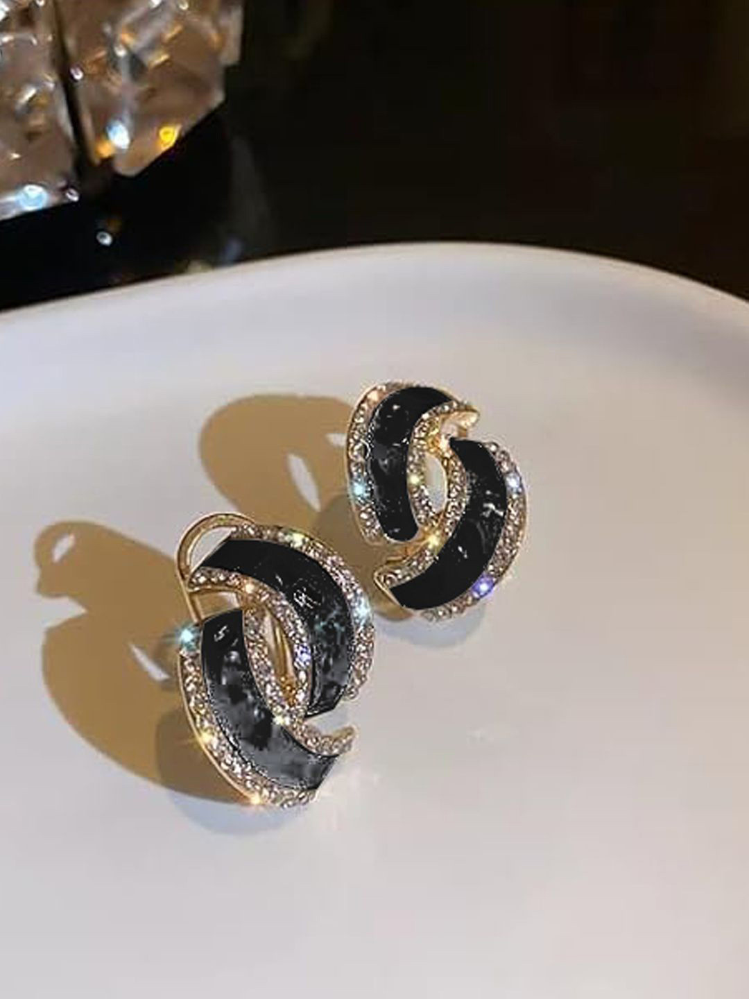 

styledose Gold-Plated Crystals Studded Contemporary Studs, Black