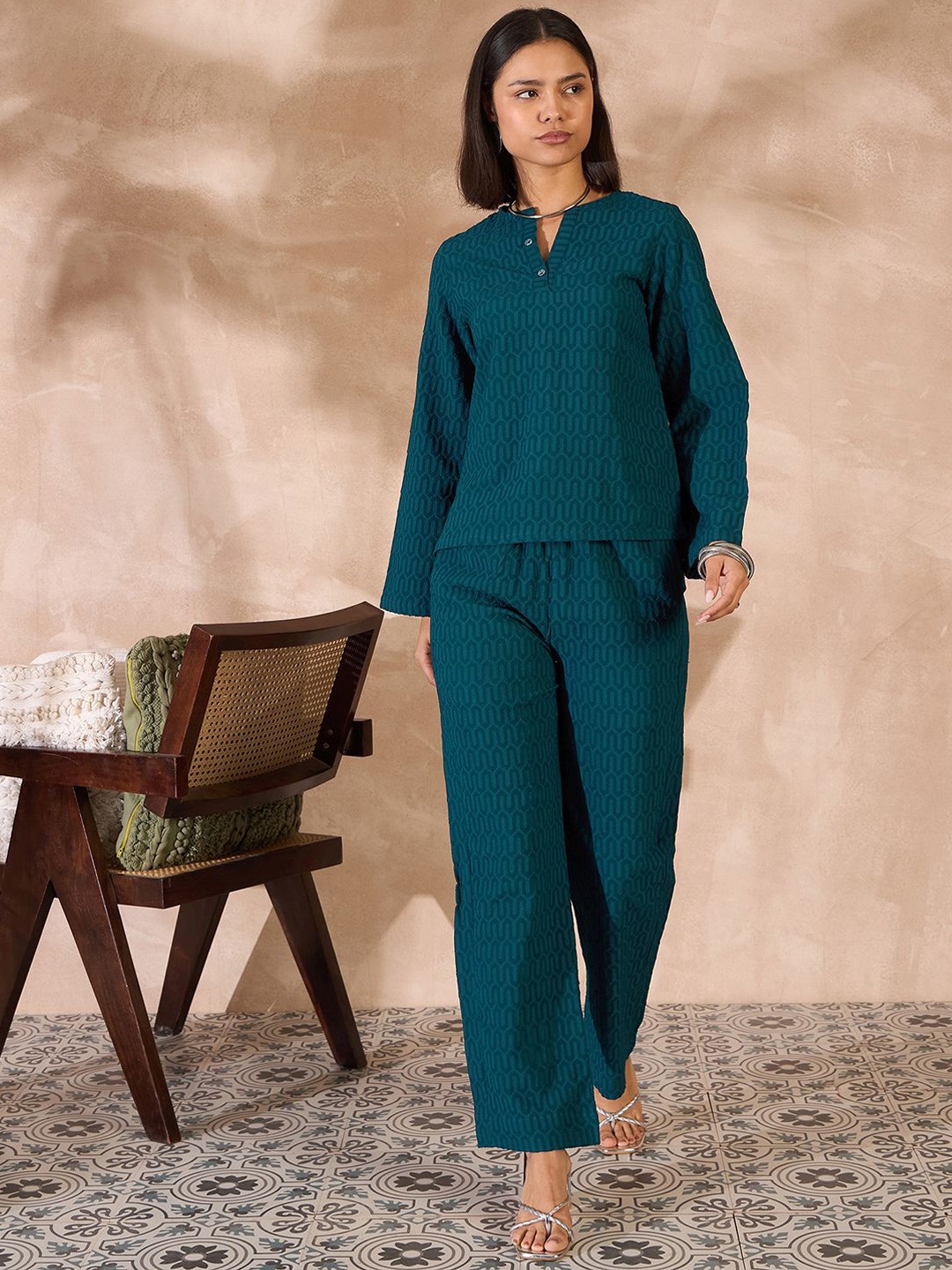 

all about you Teal Green Self Design Round Neck Top With Trousers