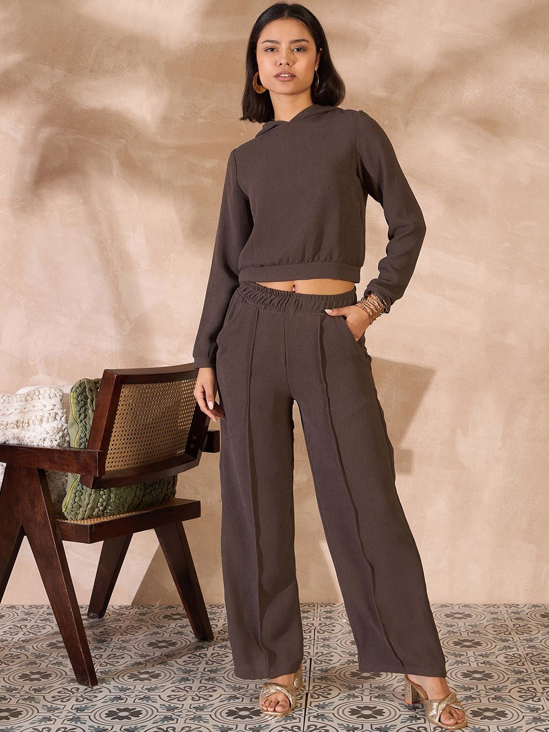 

all about you Coffee Brown Hooded Sweatshirt With Trousers