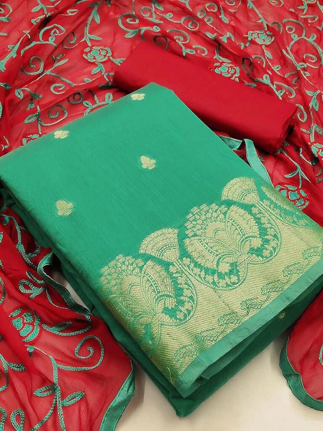 

KALINI Ethnic Motifs Printed Pure Silk Unstitched Dress Material, Green