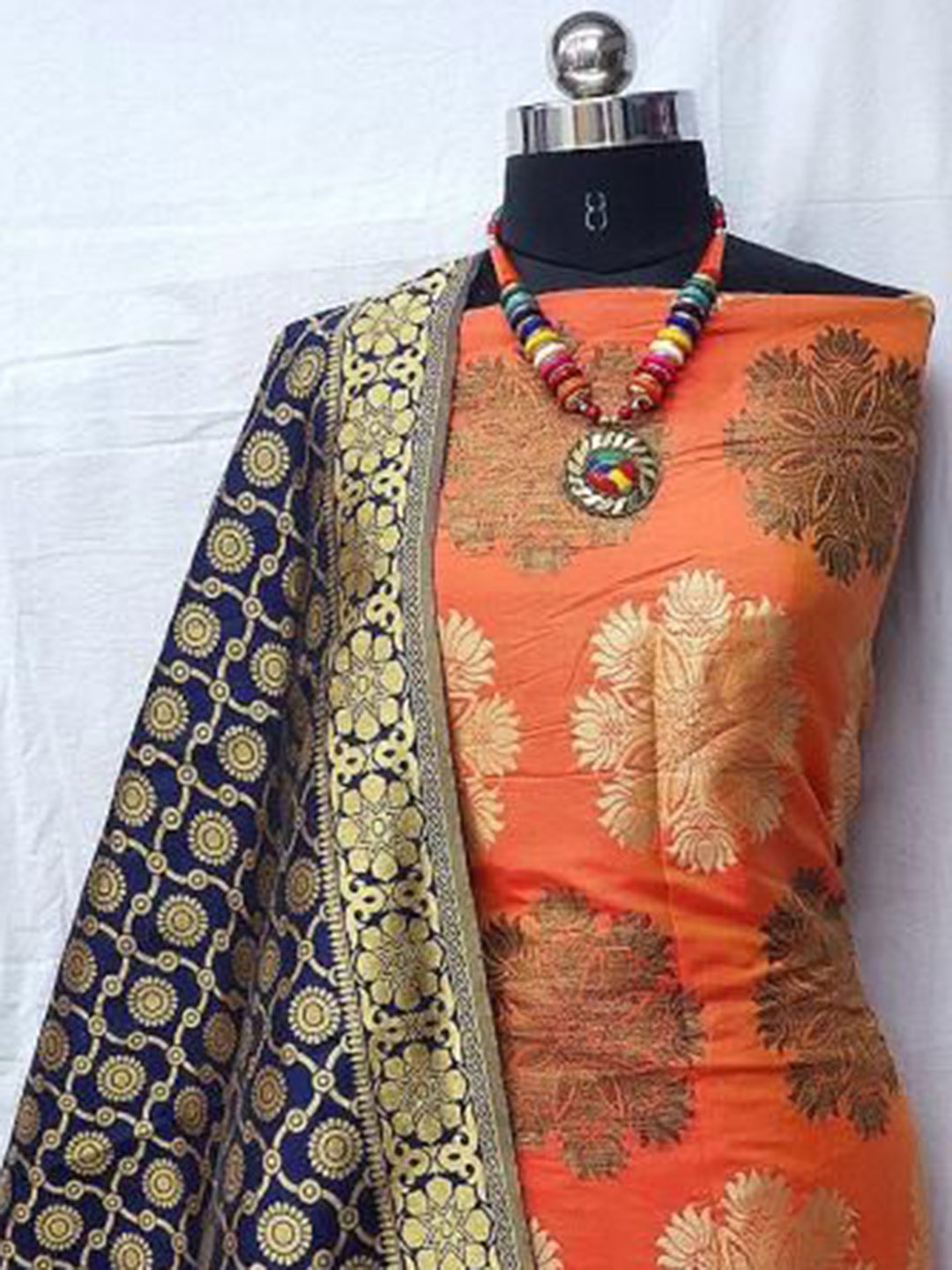 

KALINI Floral Woven Design Printed Pure Silk Unstitched Dress Material, Orange
