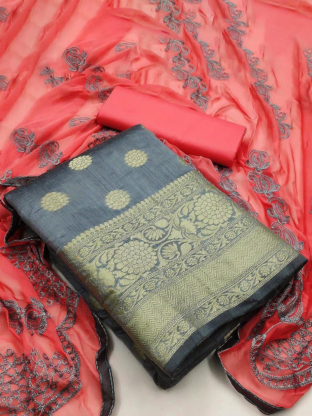

KALINI Floral Woven Design Printed Pure Silk Unstitched Dress Material, Grey