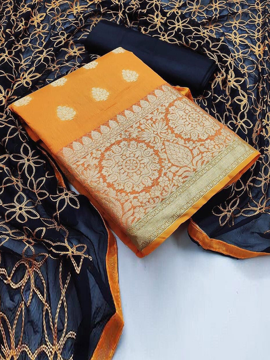 

KALINI Ethnic Motifs Woven Design Printed Pure Silk Unstitched Dress Material, Orange