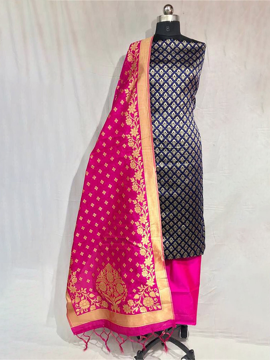 

KALINI Ethnic Motifs Pure Silk Unstitched Dress Material, Blue