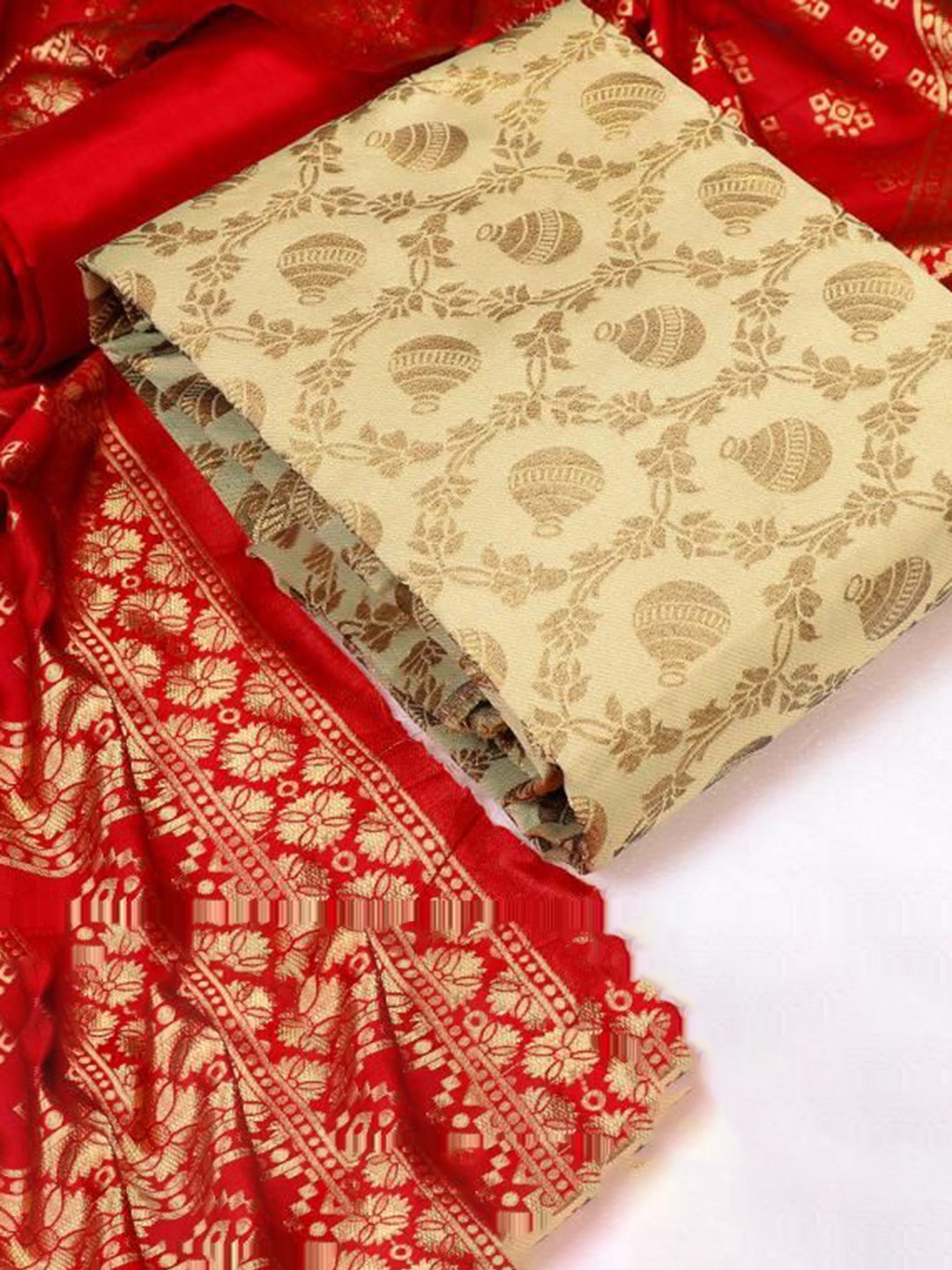 

KALINI Ethnic Motifs Pure Silk Unstitched Dress Material, Cream